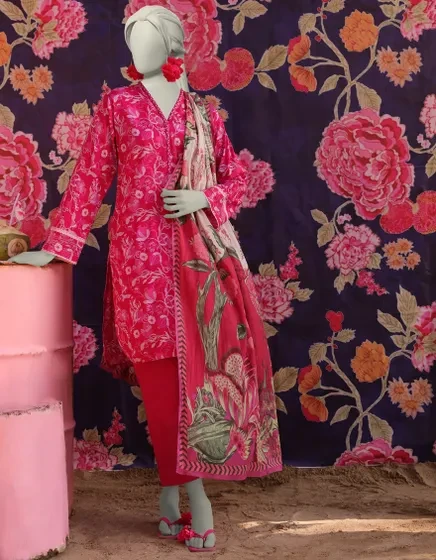 PINK LAWN PRINTED 3PC STITCHED | JLAWN-S-25-011