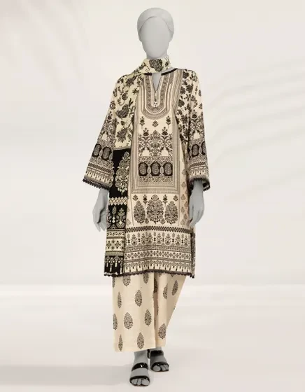 OFF WHITE PRINTED KHADDAR 3PC STITCHED