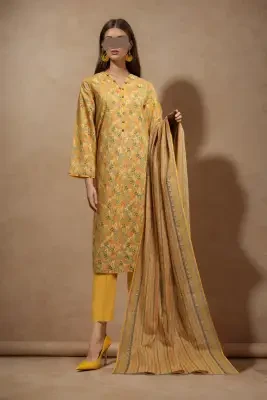 Saya Unstitched 3 Piece Printed Khaddar For Women and Girls - Color: Mustard - Design code: WUNS-4063