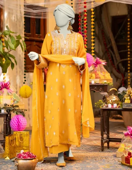 YELLOW CHIFFON EMBROIDERED 3PC STITCHED