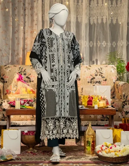 BLACK COTTON SILK EMBROIDERED 3PC STITCHED