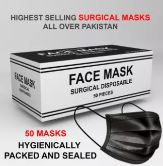 Disposable Surgical Face Mask – 50 Pcs – 3 Ply – Nose Pin – Black