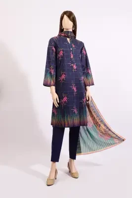 Saya Printed Unstitched Fabric Lawn 2 Piece (Shirt / Dupatta) For Woman and Girls - Navy Blue - Design Code: WU2P-3122