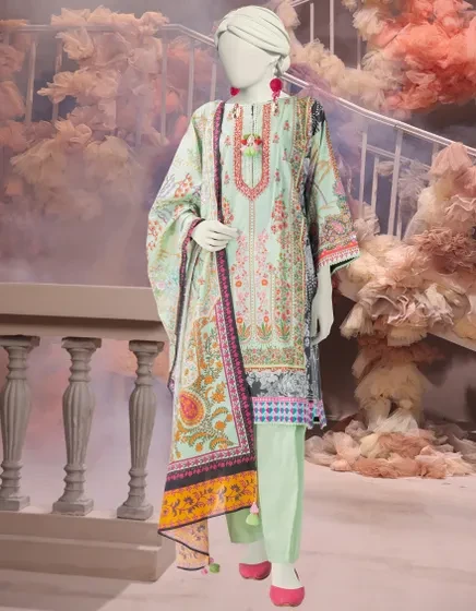 GREEN CAMBRIC PRINTED UNSTITCHED 3PC | 25-3219