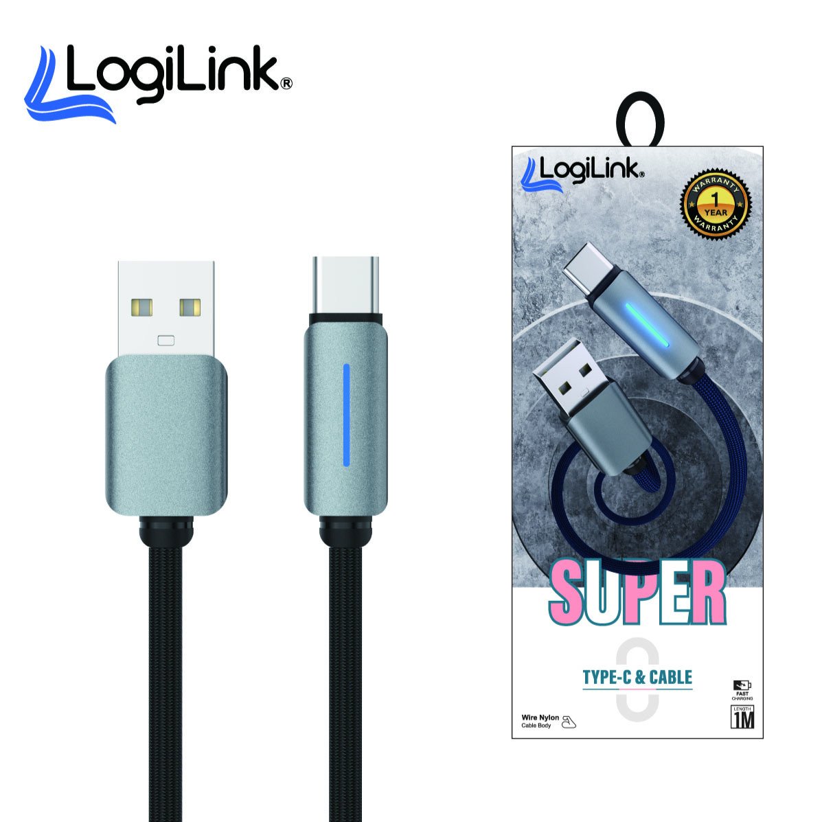 LOGILINK USB TO TYPE C NYLON FAST CHARGING DATA CABLE WITH LIGHT 1M (1 YEAR WARRANTY) BLACK