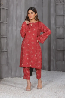 Mahi Apparels 2 Piece Digital Printed Winter Karandi Stitched Suit for Women - Royal Ruby Dress For Girls