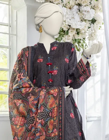 BLACK DOBBY PRINTED UNSTITCHED 3PC | JJLS-S-JPW-24-026