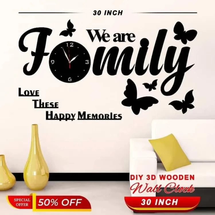 We are Family with Butterflies 3D Design Wooden Wall Clock