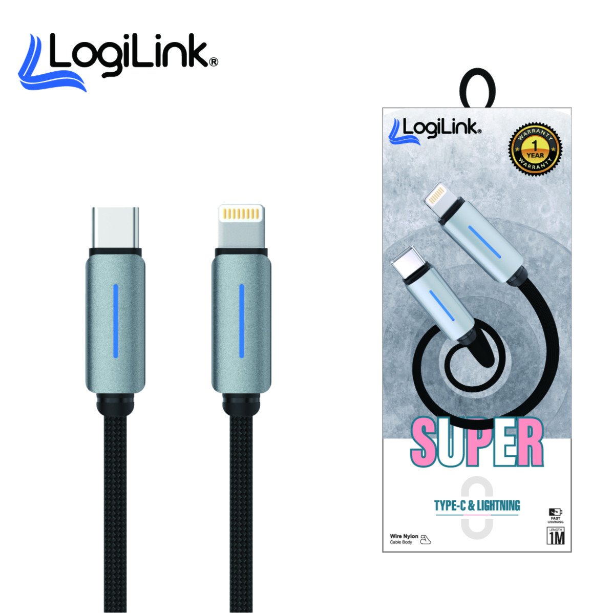 LOGILINK TYPE C TO LIGHTNING NYLON FAST CHARGING DATA CABLE WITH LIGHT 1M (1 YEAR WARRANTY) BLACK