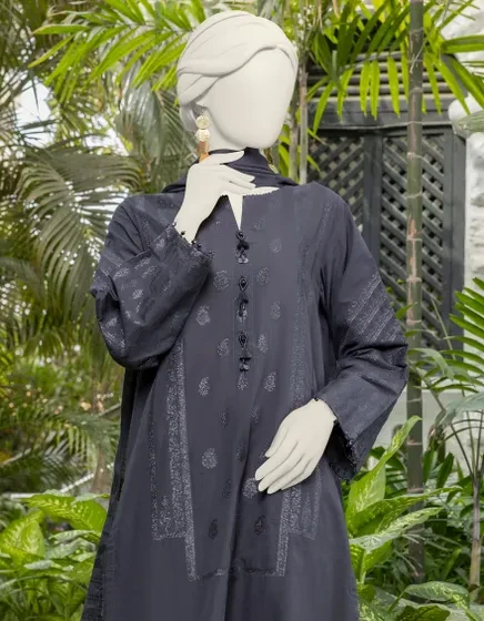 BLACK JACQUARD WOVEN UNSTITCHED 3PC | JLAWN-S-24-158