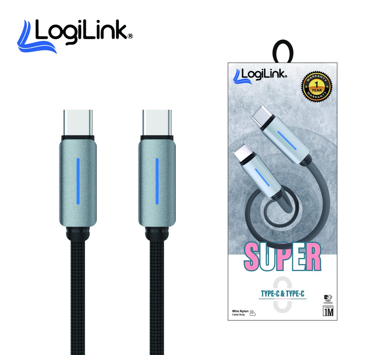 LOGILINK TYPE C TO TYPE C NYLON FAST CHARGING DATA CABLE WITH LIGH1M (1 YEAR WARRANTY) BLACK