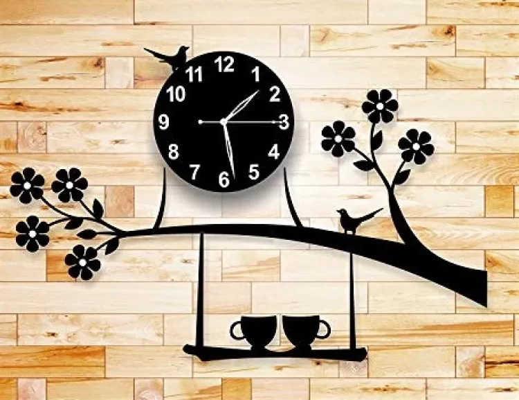 Birds on Tree with Coffee Cups Creative 3D DIY Wooden Wall Clock Quartz Watch Laser Cut Design Decoration Piece for Home Decor and Living Room and for Gift Items and Kitchen