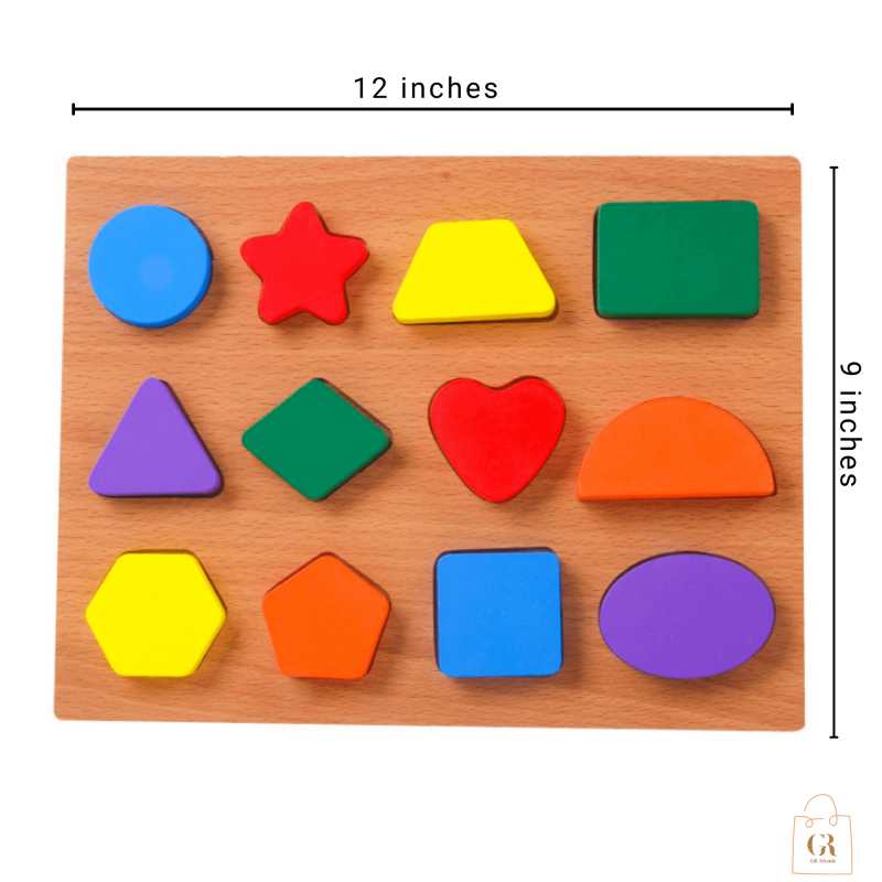 Wooden Shape Puzzle Board – Geometrical Shapes – Jigsaw Puzzle Board – 3D Puzzle board – Educational Puzzle for kids – 12 Shapes