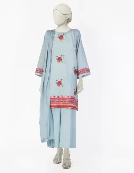 BLUE DOBBY EMBROIDERED 3PC STITCHED