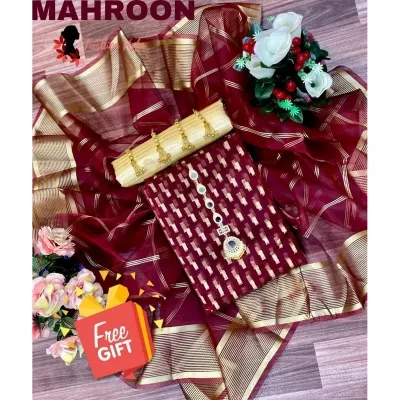 Fashion Vista 3 PC Unstitched Organza Jacquard Eid Collection with Banarsi Trouser - Maroon