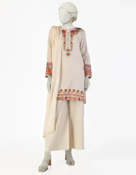 BEIGE DOBBY EMBROIDERED 3PC STITCHED