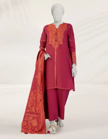 RED DYED JACQUARD UNSTITCHED 3PC