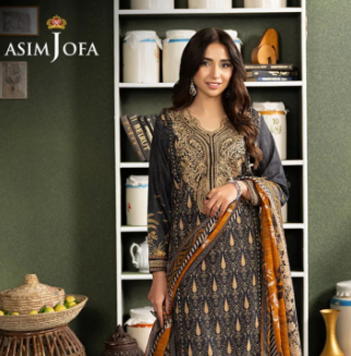 Asim Jofa Black Lawn 3 Piece Stitched Suit for Women AJOD-25