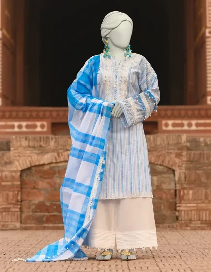 BLUE LUREX JACQUARD EMBROIDERED 3PC | JLAWN-S-25-3190