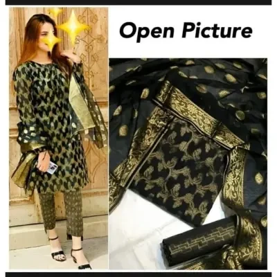 Shah Kamal Fabrics Cotton Jacquard 3 Piece Unstitched Suit With Cotton Dupatta & Banarasi Trouser-Black