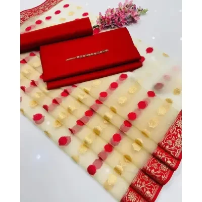 Shah Kamal Fabrics Organza Jacquard 3 Piece Unstitched Suit Katan Silk Plain Shirt & Trouser with Jacquard Dupatta-For Ladies