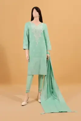 Saya Embroidered Unstitched Fabric Cotton Jacquard 3 Piece Suit For Woman and Girls - Light Green - Design Code: WUNS-3824