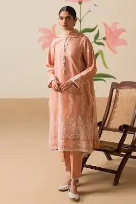 Crossstitch Sunset Pink 3 Piece Suit For Women and Girls - Designcode: 0124RTSEMBCHK0207 - Collection: Chikankari