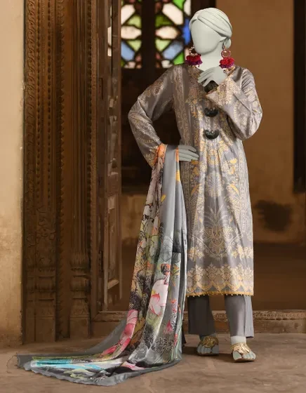 GREY LAWN PRINTED 3PC | JLAWN-S-25-020