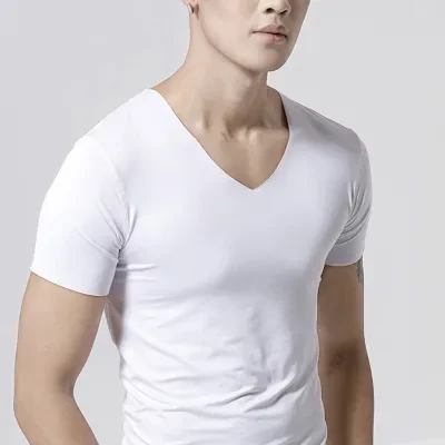Men T-shirt Anti-shrink V Neck Thin Polyester Men Summer Fitness T-shirt for Gym