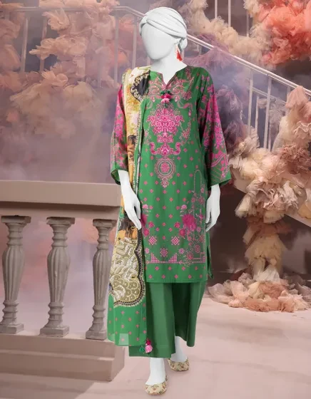 GREEN CAMBRIC PRINTED UNSTITCHED 3PC | 25-3218