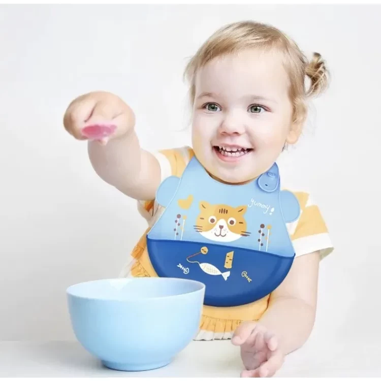 Waterproof Silicone Baby Bib BPA Free Feeding and Weaning Baby Bibs Blue Color
