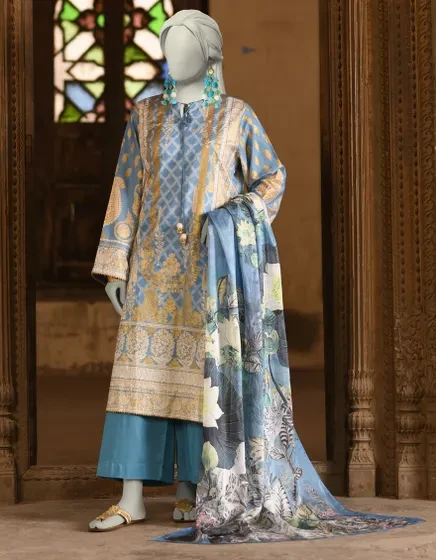 BLUE LAWN PRINTED 3PC STITCHED | JLAWN-S-25-024