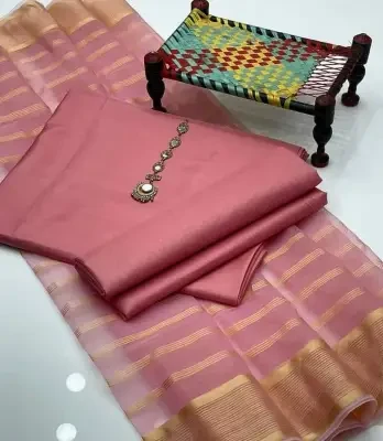 SastaaE 3 PC Unstitched Kataan Silk Plain Shirt & Trouser With Organza Lining Dupatta - Pink