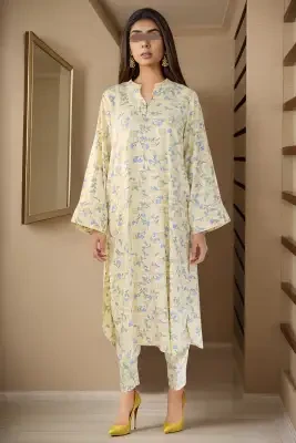 Saya Unstitched 2 Piece Suit Printed Viscose Twill (Shirt/Trouser) For Women and Girls - Color: Yellow - Designcode: WU2P-3446