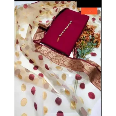 Shah Kamal Fabrics Organza Jacquard 3 Piece Unstitched Suit Kataan Slik Plain Shirt & Trouser with Jacquard Dupatta