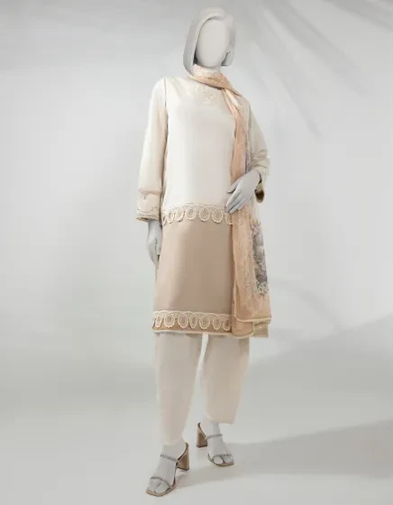 BEIGE LAWN SCHIFFLI 3PC STITCHED