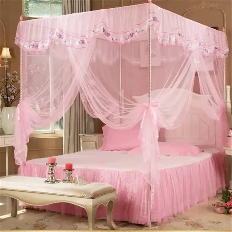 Pink 4 Corner Bed Curtain Canopy Mosquito Net for Girls & Adults Gift Twin Full Double Queen King Size Bedroom decoration