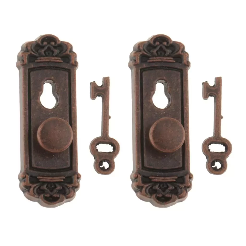 2 Pieces Vintage Bronze Door Locks With Key Right Handle For 1/12 Dollhouse