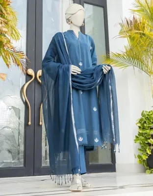 Junaid Jamshed J. Women Unstitched 3 Piecefor Women And Girls - Fabric: Cambric - Color: Blue -Collection: Eid Tehwar Edit Vol. - Designcode: Jlawn-S-24-376 Khila