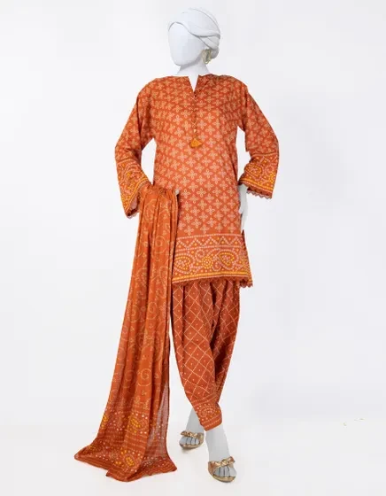 RUST LAWN PRINTED 3PC STITCHED | JLAWN-S-25-806