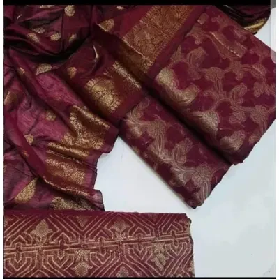 Shah Kamal Fabrics Cotton Jacquard 3 Pcs Unstitched Suit with Cotton Dupatta & Banarasi Trouser for Women