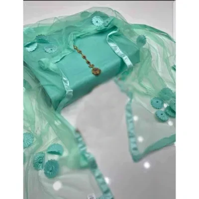 Libaas Hub 3 Piece Unstitched Katan Silk Plain Shirt & Trouser With Net Duppatta Suit For Womens & Girls || Available In 15+ Colors